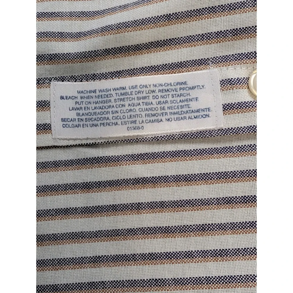 Stafford Mens 17 36/37 Striped Oxford Button Down Shirt Blue Tan Wrinkle Free